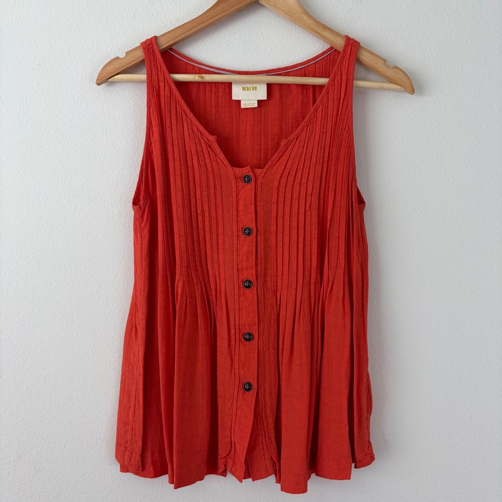 Maeve Anthropologie XS Red Orange Pintuck Button Front Rayon Tank Top‎